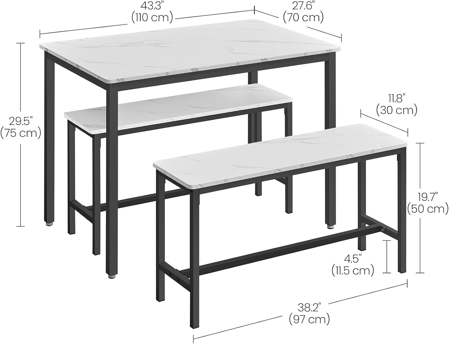 Dining Table Set for 4, Kitchen Table with 2 Benches, 43.3 X 27.6 X 29.5 Inches Dining Room Table, 38.2 X 11.8 X 19.7 Inches Bench, Marble White and Ink Black UKDT070B59