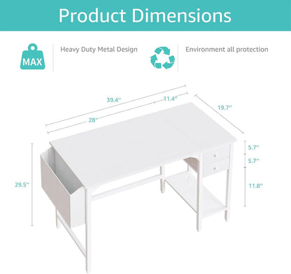 White Small Desk with Drawers - 40 Inch Computer Desk for Small Space Home Office, Modern Simple Study Writing Table PC Desks