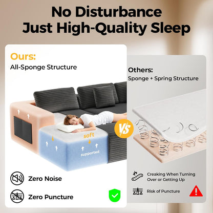 108” Cloud Sectional Couch, Modular Sectional Sofa with Deep Seat, Corduroy Boneless Couches with Chaise for Living Room Bedroom, 4 Storage Pockets& 1 Catch All Tray (Left Facing Chaise, Grey)