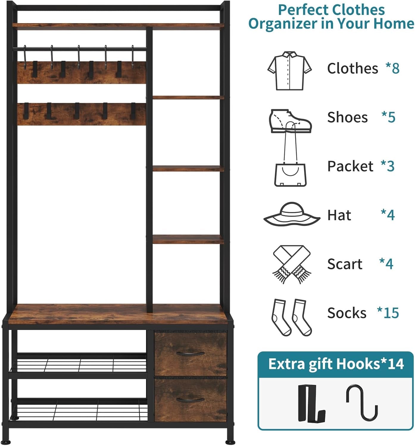 Hall Tree with Bench Storage and Shoes Storage, Hall Tree with Drawers and Shelves for Bedroom, 6-In-1 Entryway Organizer with Shelves, Living Room, Entryway, Closets (Rustic Brown)