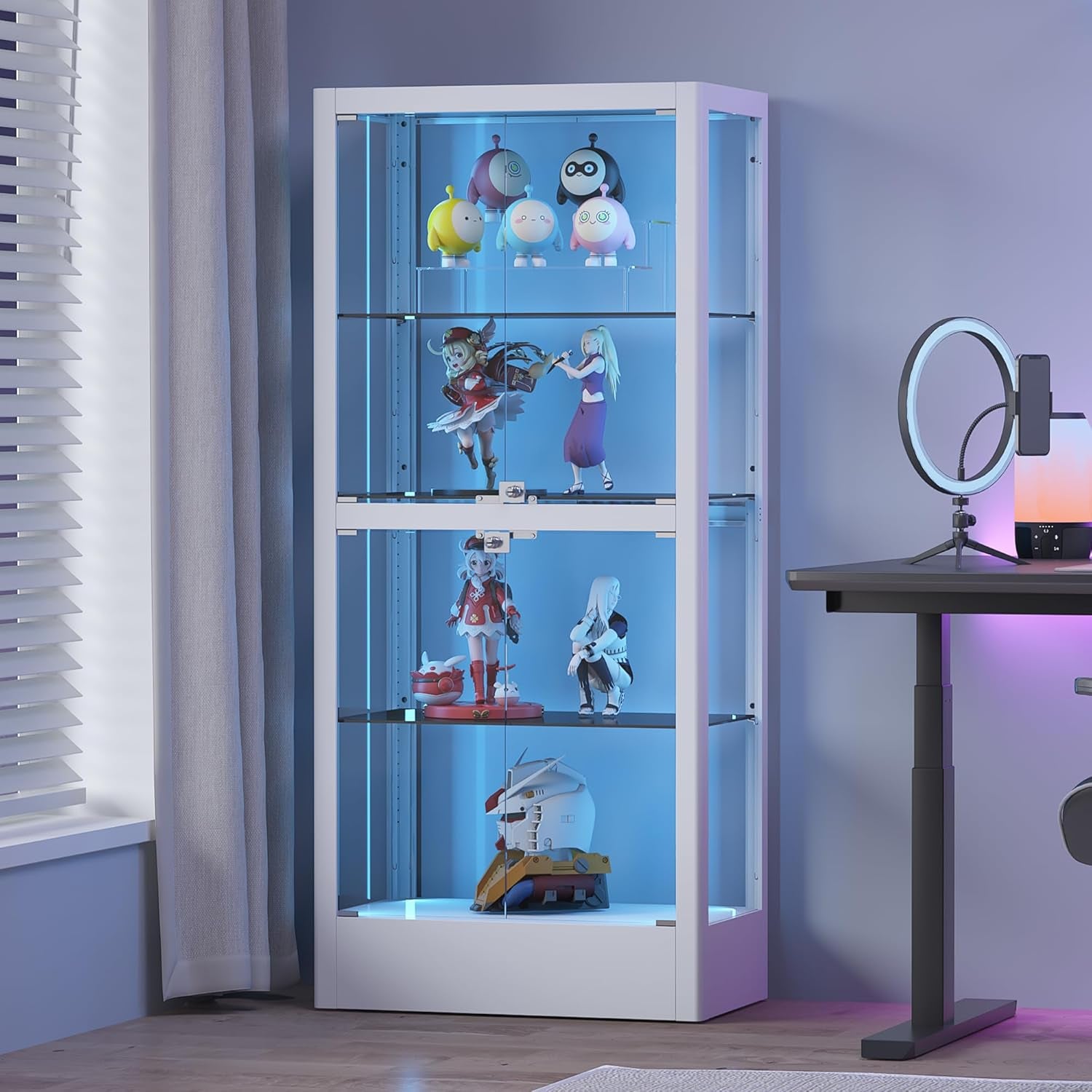 4-Sided Glass Display Cabinet with Lock & 13 Color Light, Lighted Curio Cabinet with Glass Door & Adjustable Shelves, Metal Display Case for Collectibles Figures Wine China, 28" W White