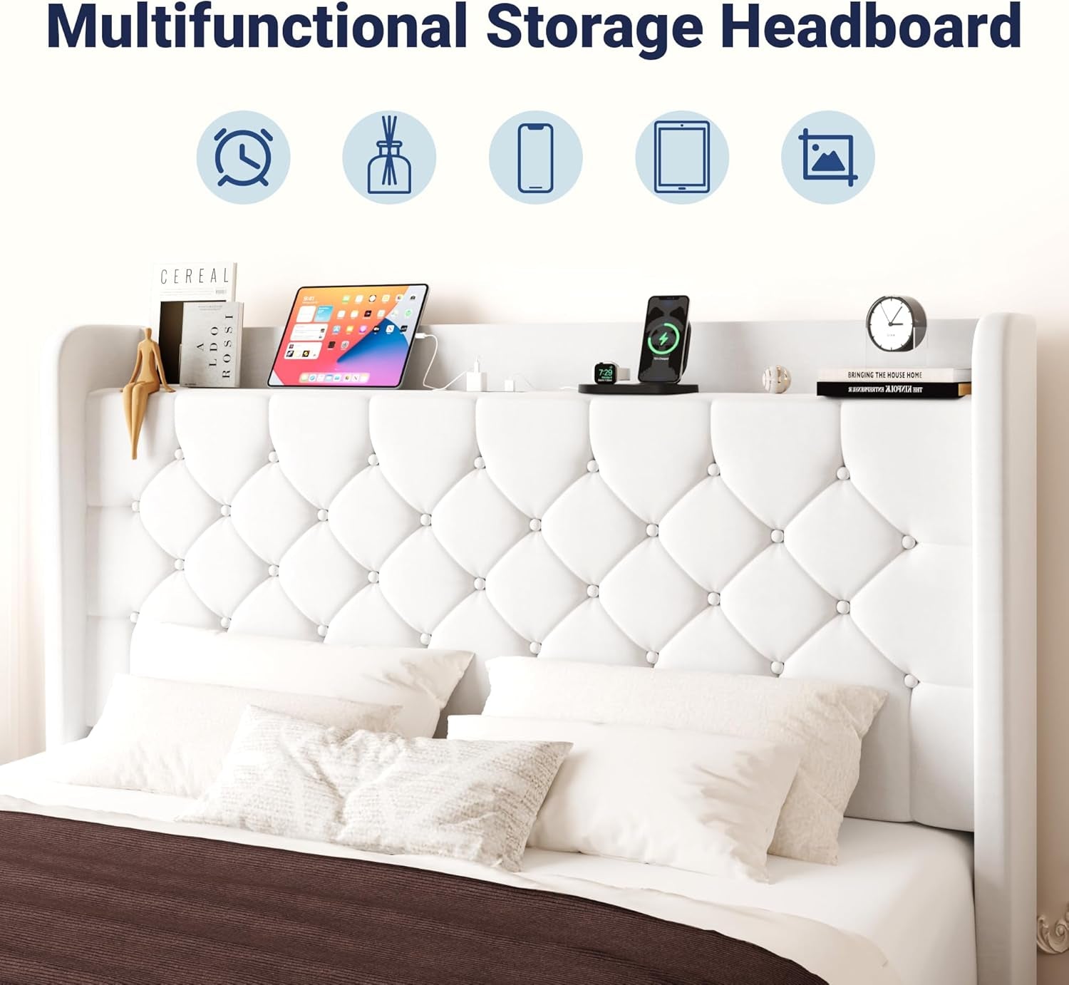 Queen Size Bed Frame, Storage Headboard with Charging Station, Wingback Velvet Upholstered, Diamond Stitched Button Tufted, Sturdy Wooden Slats, No Box Spring Needed, Easy Assembly, White