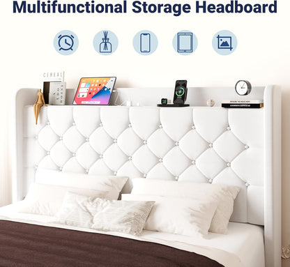 Queen Size Bed Frame, Storage Headboard with Charging Station, Wingback Velvet Upholstered, Diamond Stitched Button Tufted, Sturdy Wooden Slats, No Box Spring Needed, Easy Assembly, White