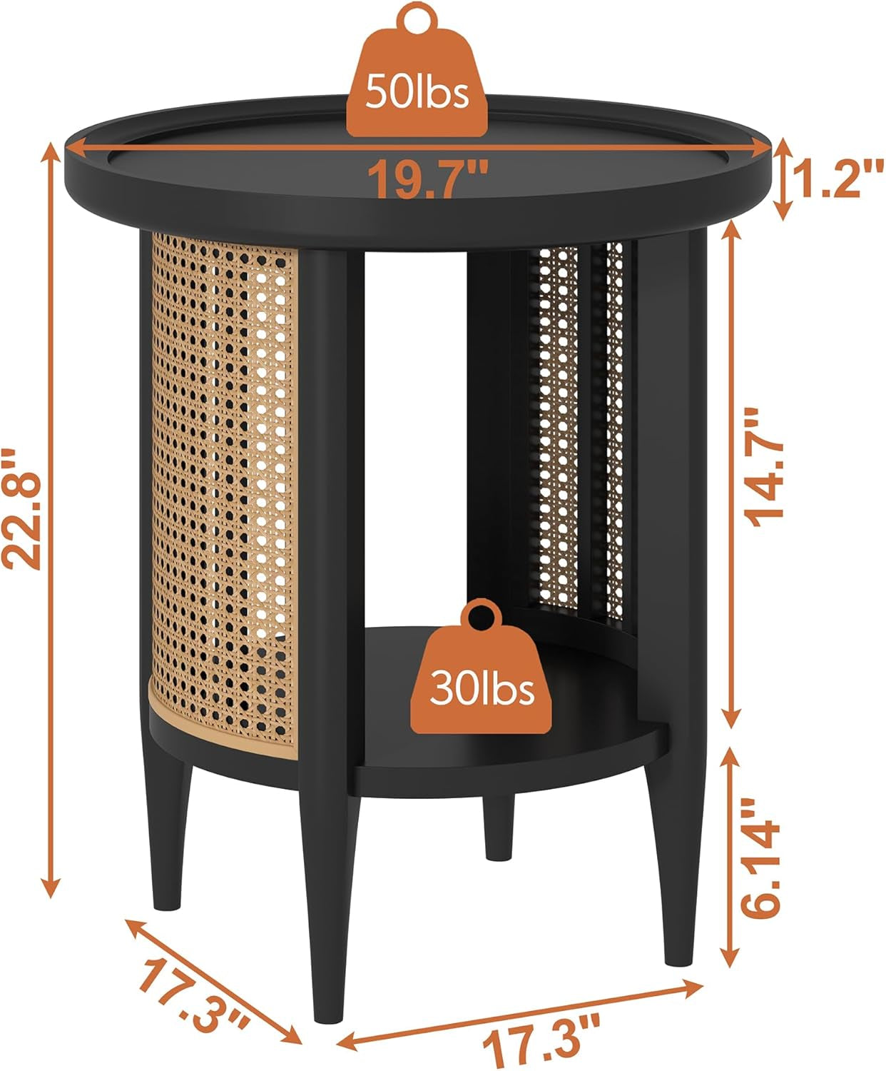 round End Table Rattan Style Side Table with Solid Wood Legs, Boho Style Nightstand Bedside Table with 2-Tier Shelves, Small Coffee Table for Living Room Bedroom Small Spaces Black