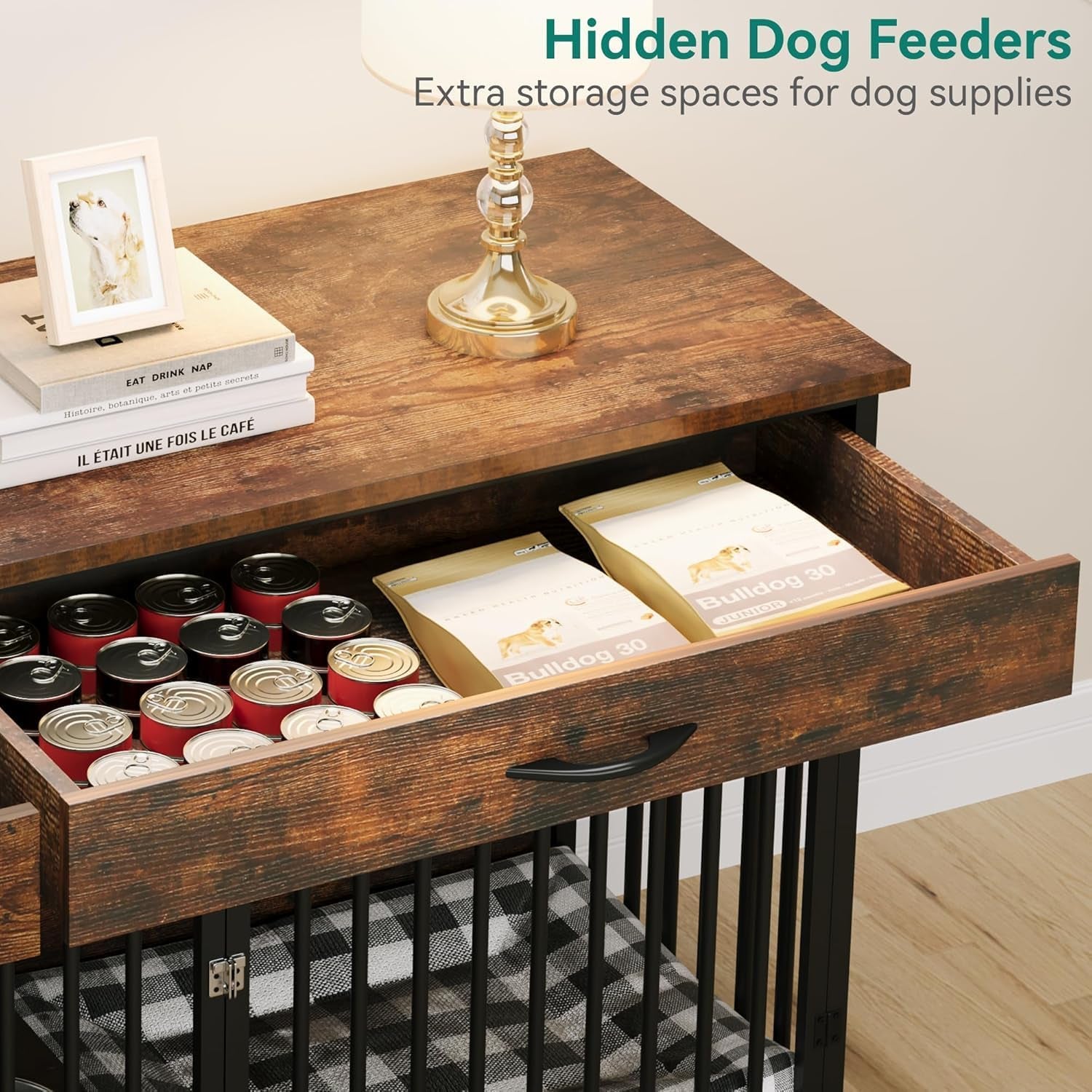 91.3" Double Dog Crate Furniture with Dog Feeder, Heavy Duty Indoor Dog Kennel TV Stand with Drawers, Sturdy Dog Kennel with Divider for 2 Medium Large Dogs, Brown