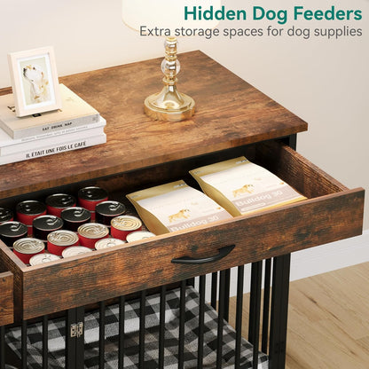 91.3" Double Dog Crate Furniture with Dog Feeder, Heavy Duty Indoor Dog Kennel TV Stand with Drawers, Sturdy Dog Kennel with Divider for 2 Medium Large Dogs, Brown