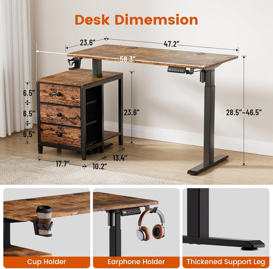 Electric Standing Desk with Drawers, 47 X 24 Inches Height Adjustable Sit Stand Desk with Storage, 3 Memory Preset Home Office Computer Desk, Printer Cabinet, Cable Management, Rustic Brown