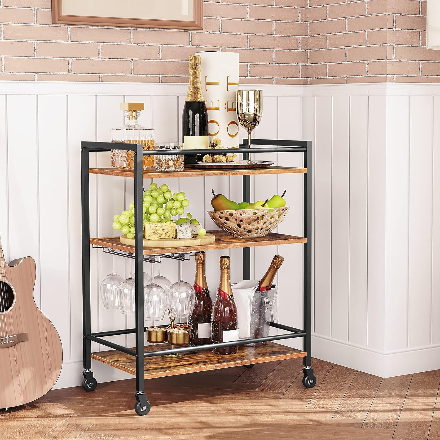 Bar Cart for the Home, Serving Cart with Wine Glass Hooks, Rolling Kitchen Cart with Lockable Wheels, 25.2 X 15.7 X 33.3 Inches Beverage Cart with Storage Shelves, Rustic Brown BF02TC01