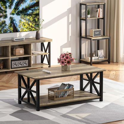 Coffee Table for Living Room with round Corners Farmhouse Style Center Table with Storage Shelf 39 Inch Space Saving Easy Assembly Gray Wash