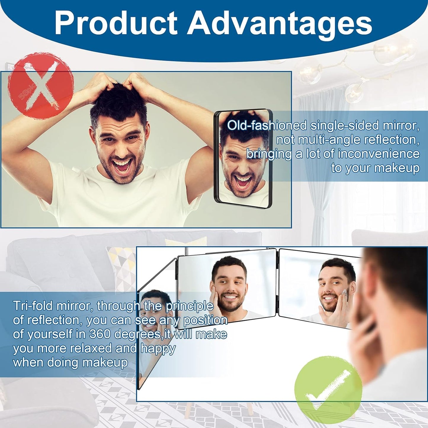 3 Way Mirror for Self Hair Cutting,360 Haircuts Men for Barber Use Tools,To See Back of Head,Tri Fold Mirror with Portable Height Adjustable Telescoping Hooks