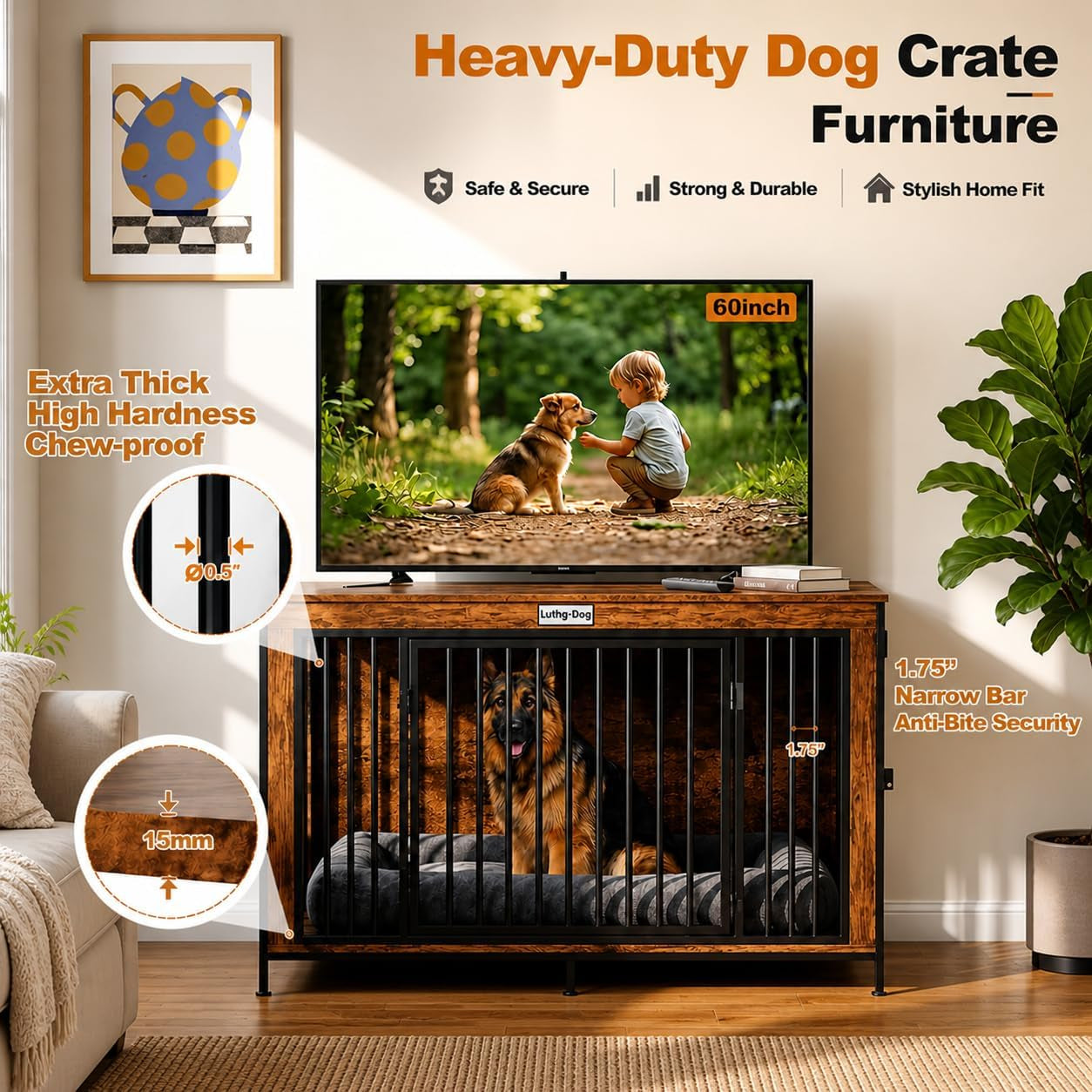 XL Dog Crate Furniture 48'' | Extra Large Heavy Duty Anti-Chew Dog Kennel | Rustic Wooden Entertainment Center & TV Stand with 350LB Top Capacity | Escape Proof Double Door Pet House
