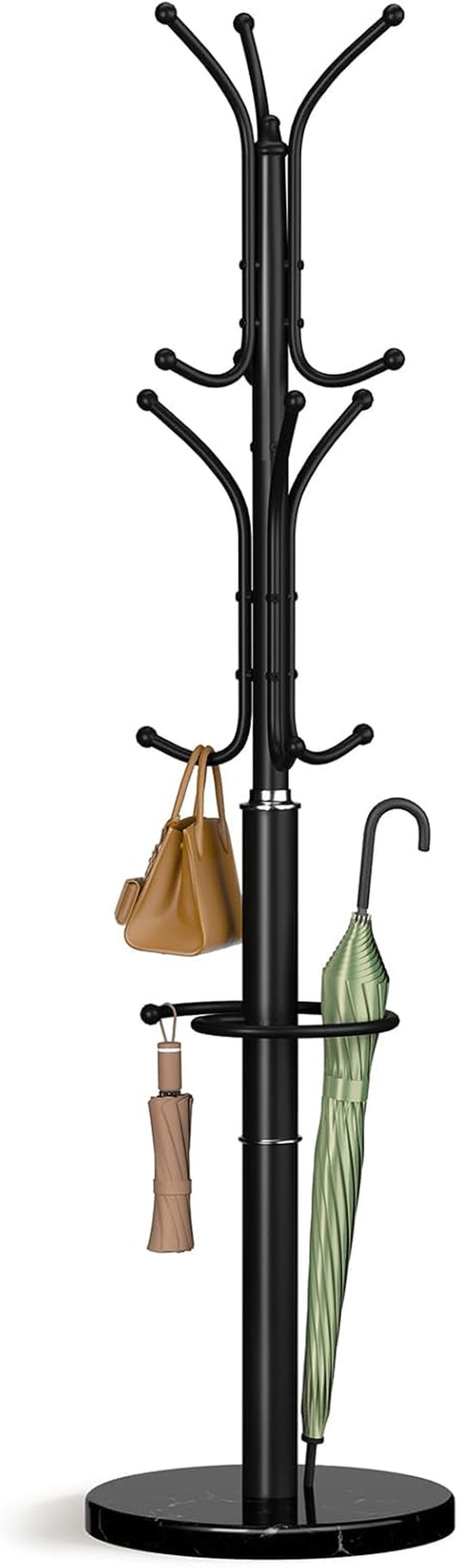 Metal Coat Rack Freestanding with Marble Base, Coat Tree with 12 Hooks & Umbrella Holder, Coat Hanger Stand for Corner Entryway Bedroom Office, Heavy Duty Coat Rack Stand for Clothes Hats Bags