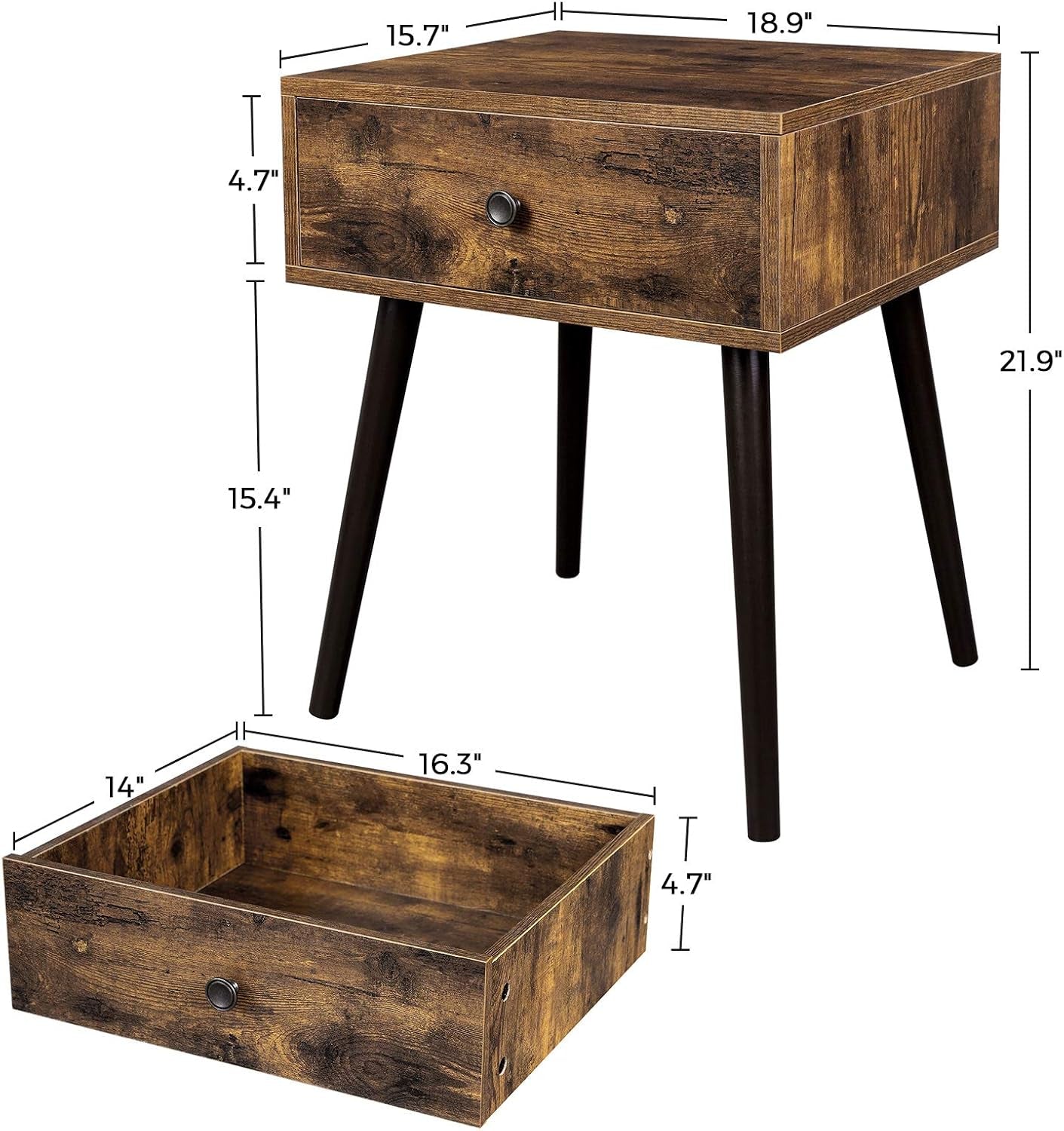 Nightstand, Sofa Side Table, End Table with a Drawer and Tapered Legs, Retro Style, for Bedroom, Rustic Brown ULET176B01