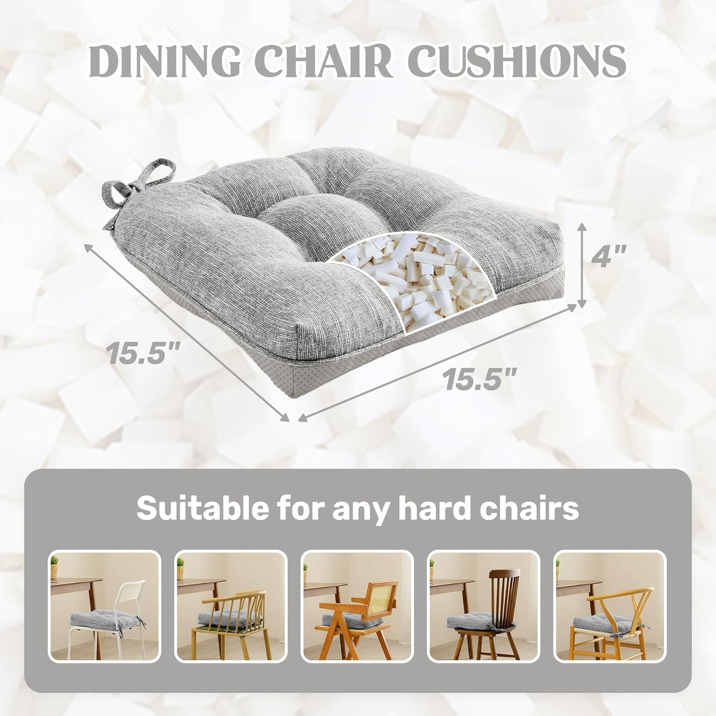 ® Chair Cushions for Dining Chairs, Tufted Memory Foam Chair Pads with Non-Slip Backing, Kitchen Seat Cushions with Ties, Washable Seat Pad Set of 4, 15.5" X 15.5" X 4", Light Grey
