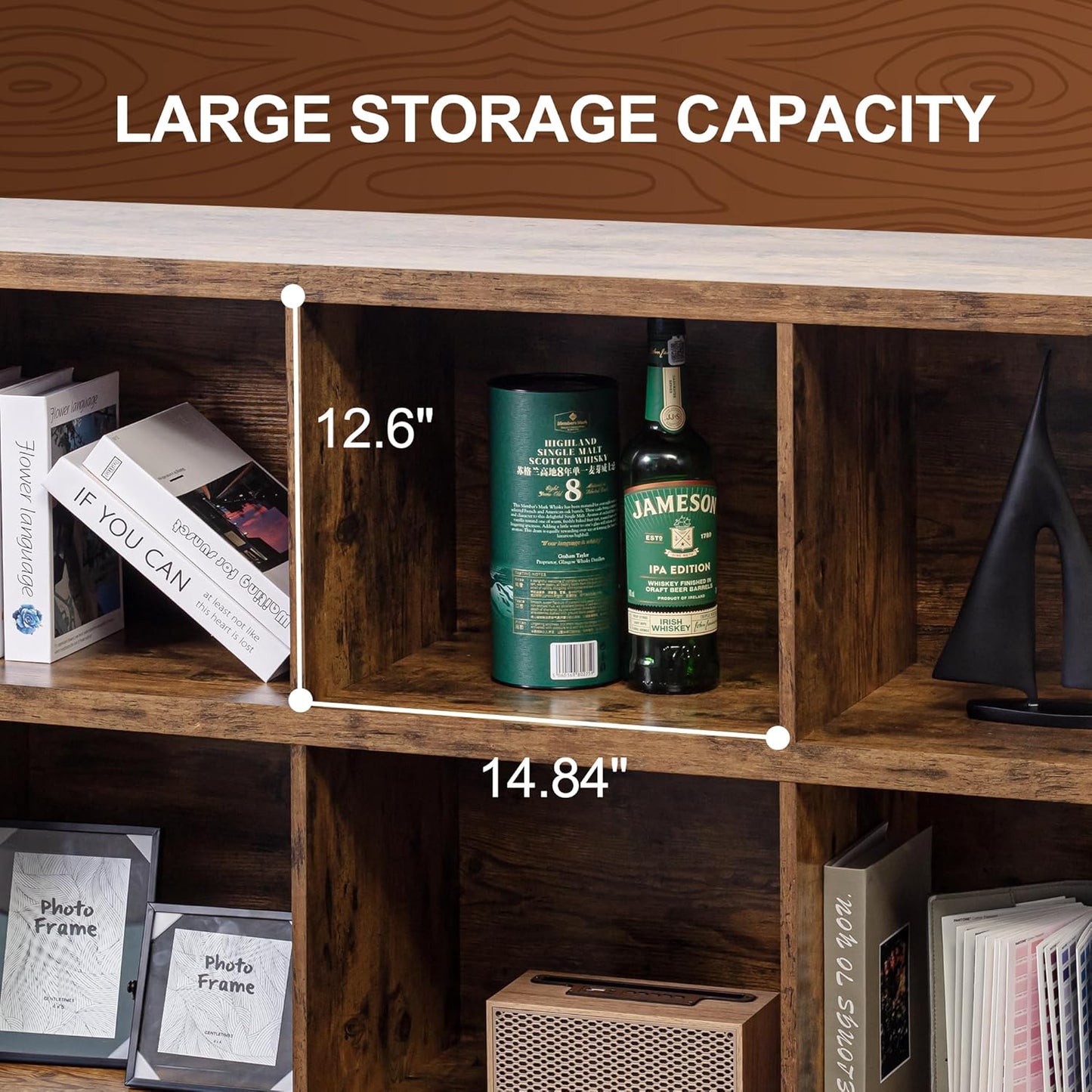 6 Cube Storage Organizer Bookshelf, Industrial Horizontal Bookcase, Accent Cubby Shelf, Media Console Table for Living Room, Home Office, 13.6" D X 47.2" W X 30.9" H, Rustic Brown