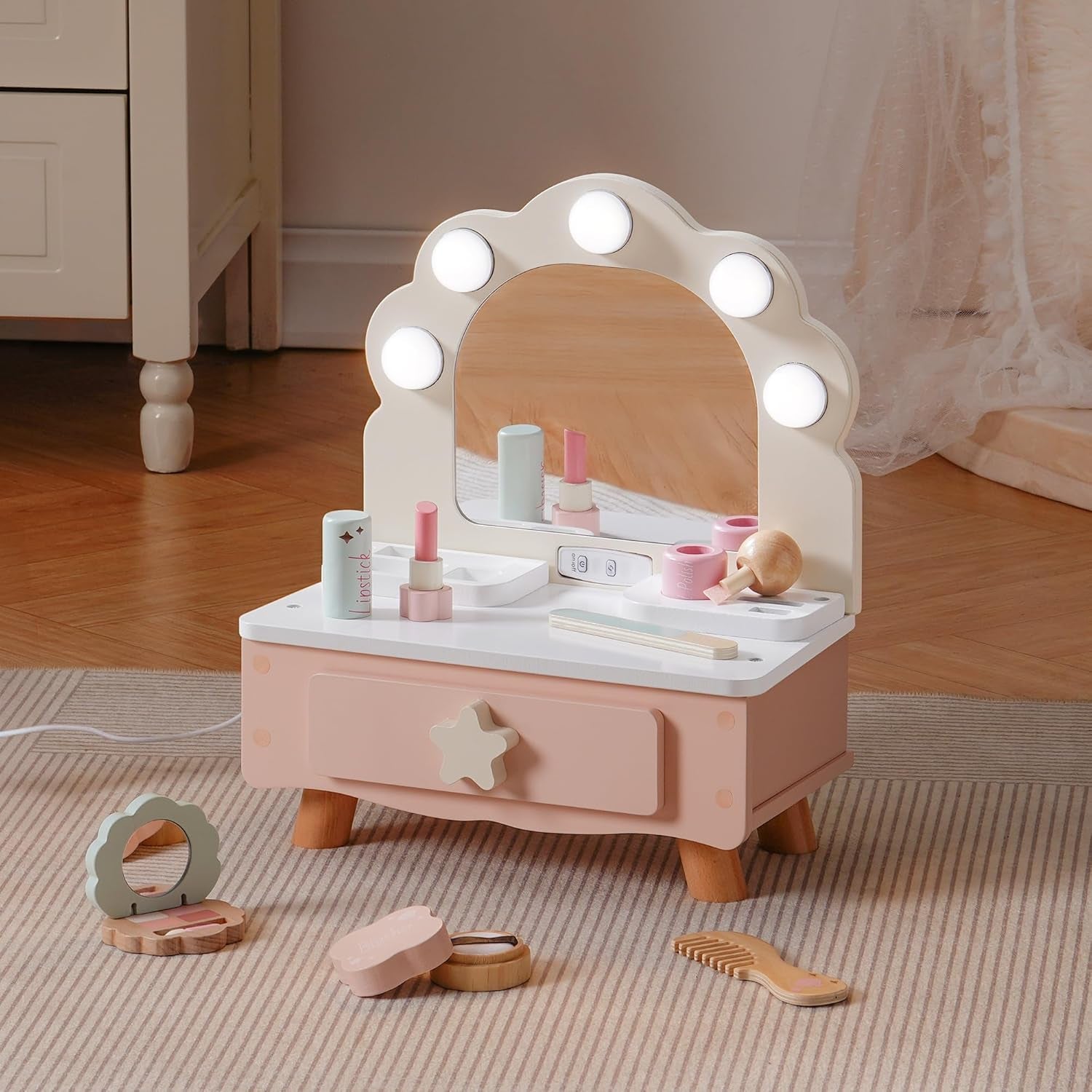 Toddler Vanity Makeup Table Toy with Mirror & Light, Wooden Kids Makeup Vanity Set, Dressing Table with Accessories and Lights, Pretend Makeup Set for Little Girls