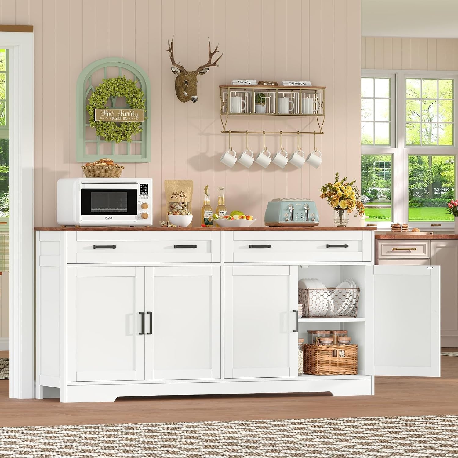 Buffet Cabinet with Storage and Drawers, 55" Large Sideboard Buffet Cabinet with Adjustable Shelves and Doors, Modern Coffee Bar for Kitchen, Living Room, White