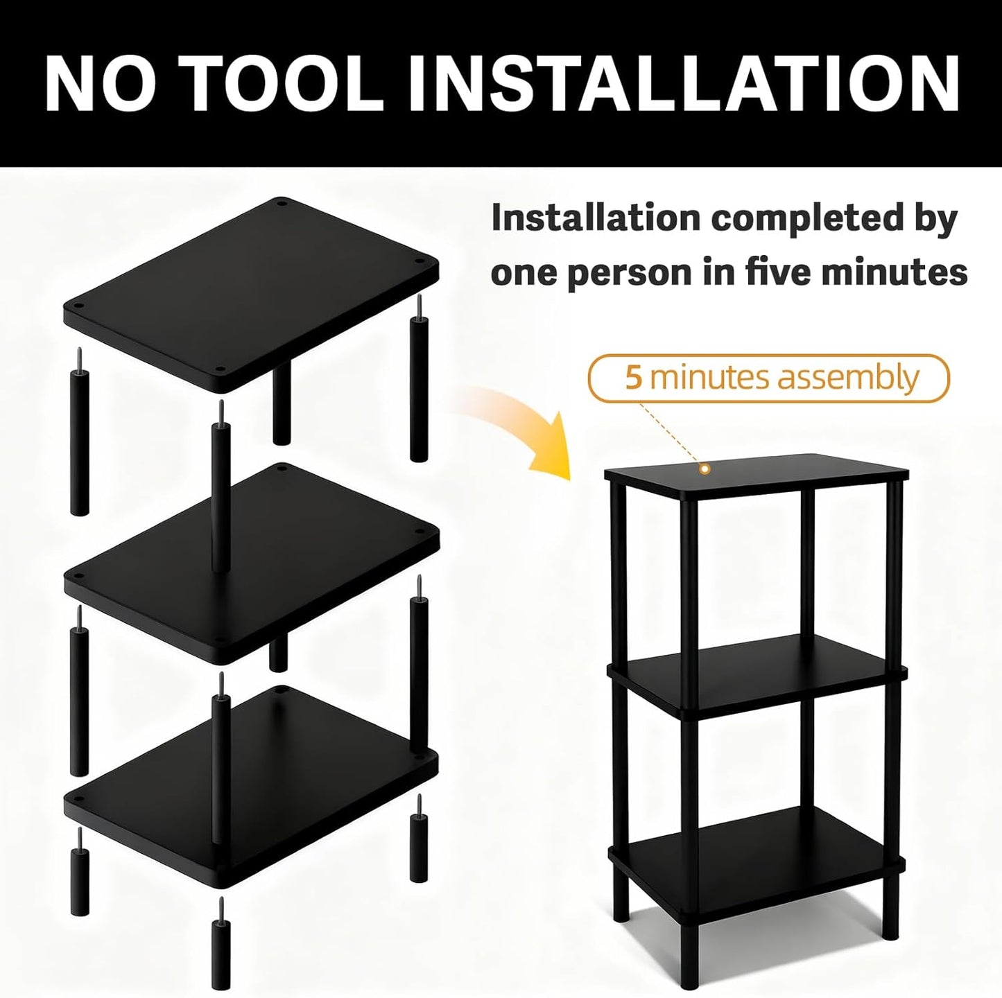 3 Tier Black Side Table ，Small End Table with Solid Wood Legs，28' Tall Bedside Table with Storage Shelf，Nightstand for Small Spaces，Living Room,Bedroom，Bathroom,No Tool Installation