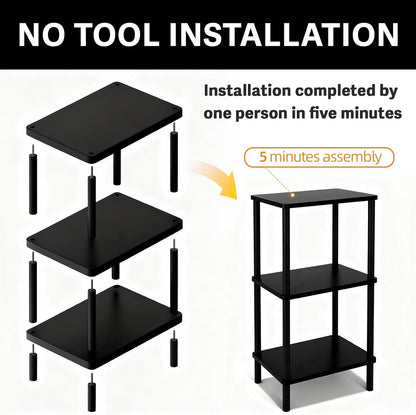 3 Tier Black Side Table ，Small End Table with Solid Wood Legs，28' Tall Bedside Table with Storage Shelf，Nightstand for Small Spaces，Living Room,Bedroom，Bathroom,No Tool Installation