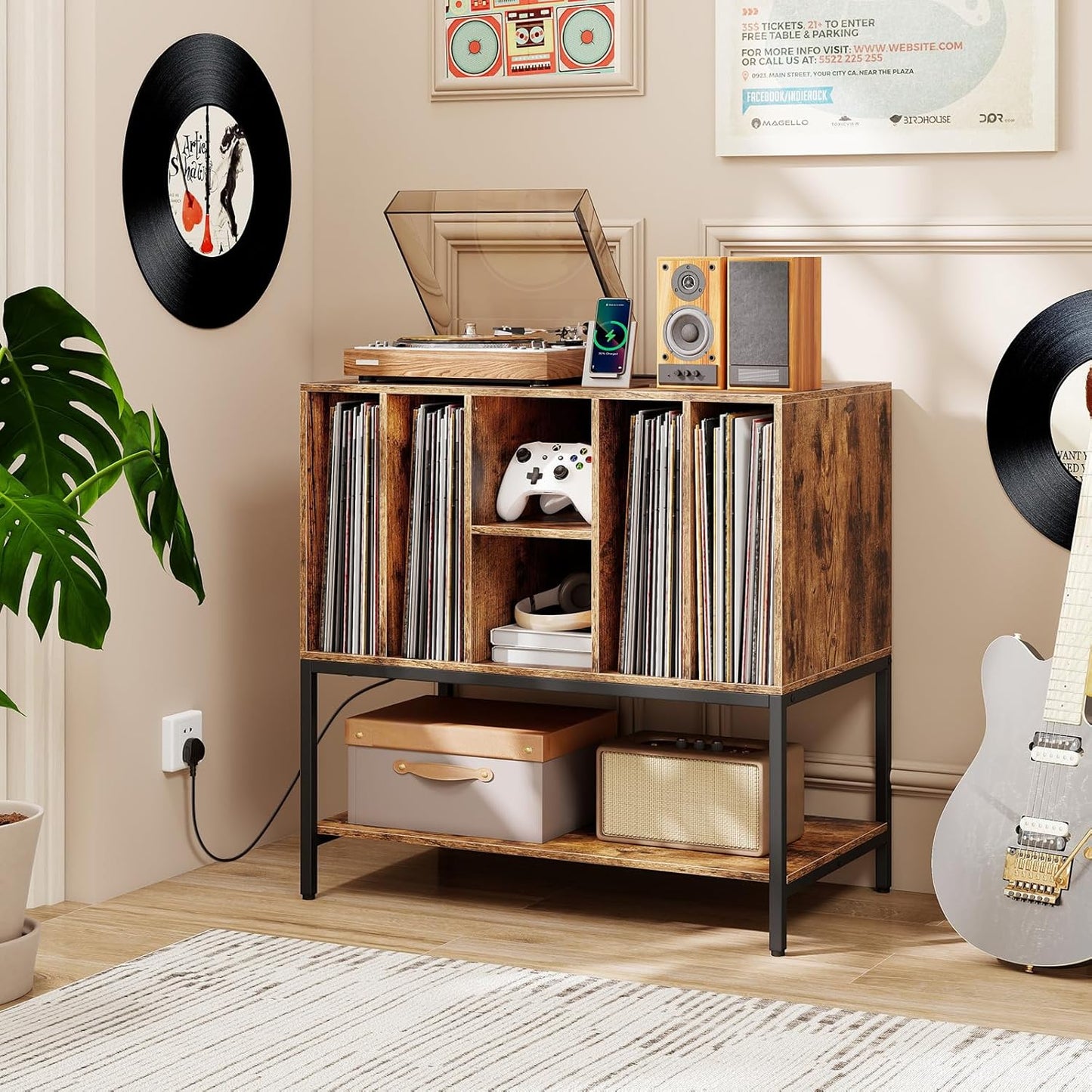 Record Player Stand with Charging Station, Turntable Stand with Storage Shelves Hold up to 150+ Albums, Record Player Table with Metal Frame, Vinyl Record Storage for Music Living Room, Brown