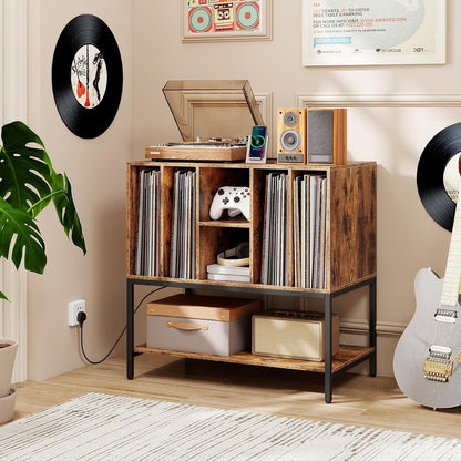 Record Player Stand with Charging Station, Turntable Stand with Storage Shelves Hold up to 150+ Albums, Record Player Table with Metal Frame, Vinyl Record Storage for Music Living Room, Brown