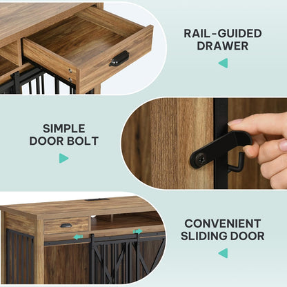 63 Inch Double Dog Crate TV Stand with Charging Station, Heavy Duty Wooden Cage Furniture for 2 Dogs, Dog Kennel Indoor Furniture Double Sliding Barn Door Design Ideal for 2 Dogs, Oak