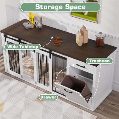 Large Dog Crate Furniture Large Breed,71 Inch Wooden Dog Crate with Tilt Out Trash Cabinet,Drawers,Divider and Sliding Barn Door, Double Doors Dogs Crate for 2 Dogs (White)