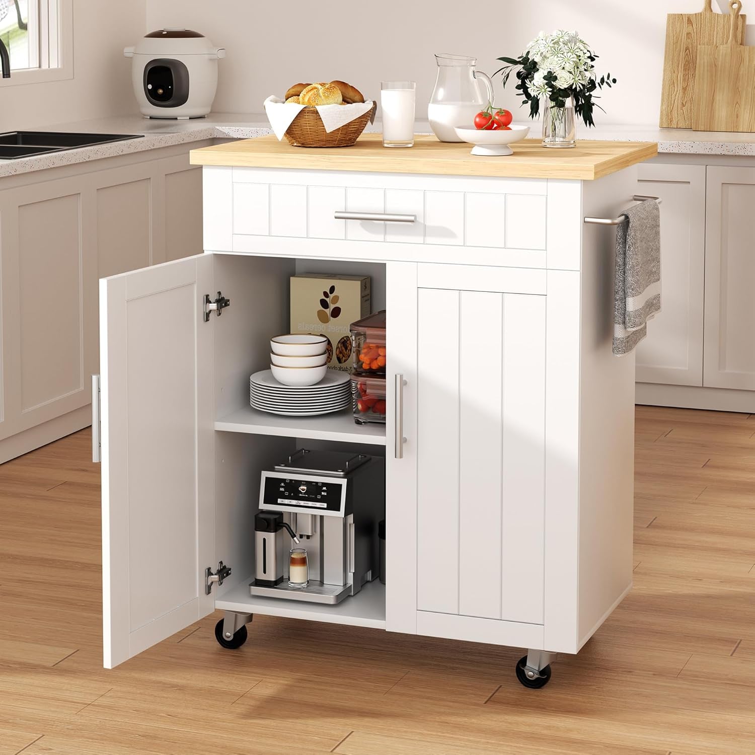 Kitchen Island Cart with Storage, Portable Bar Cabinet on Wheels, Rolling Microwave Cart Side Table with Workstation for Kitchen, Dinning Room, White