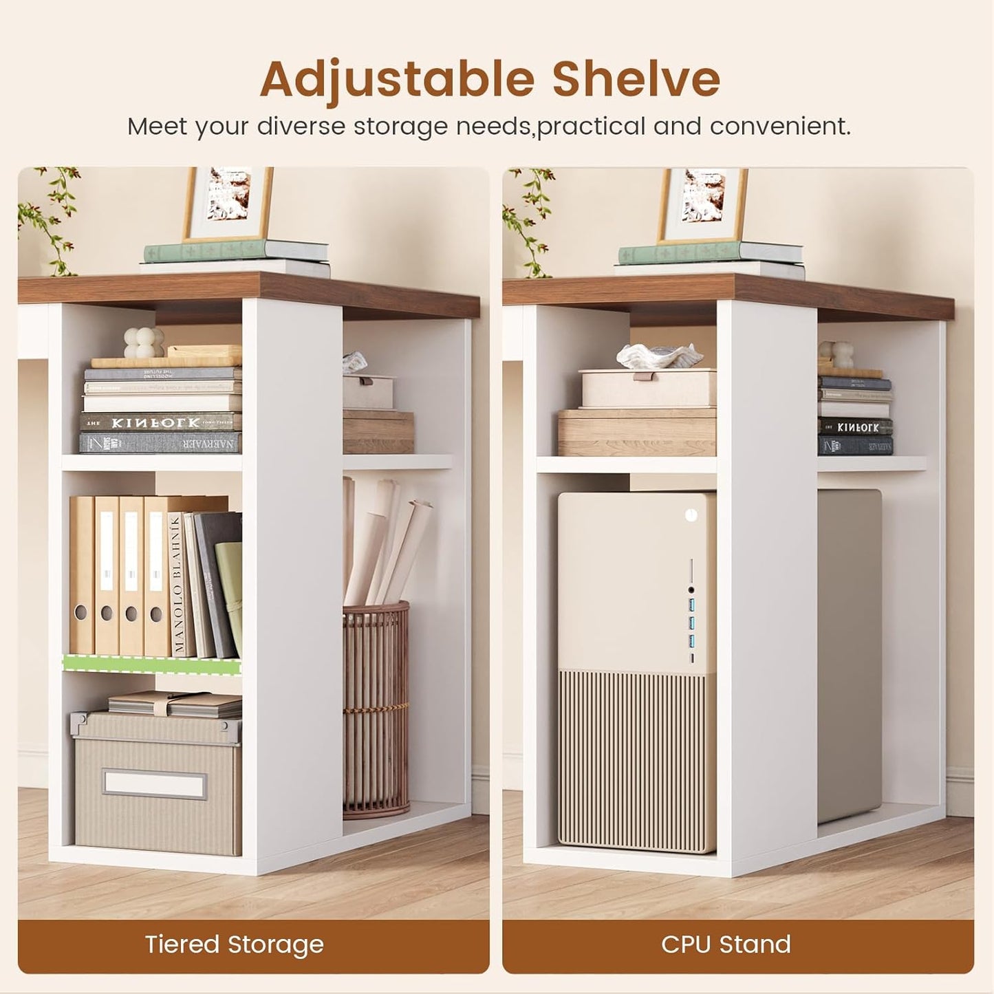 55.1" Farmhouse Office Desk with 3 Drawers, Executive Desk with File Drawer & Storage Shelves, Computer Desk with Power Outlet for Home Office, White and Brown