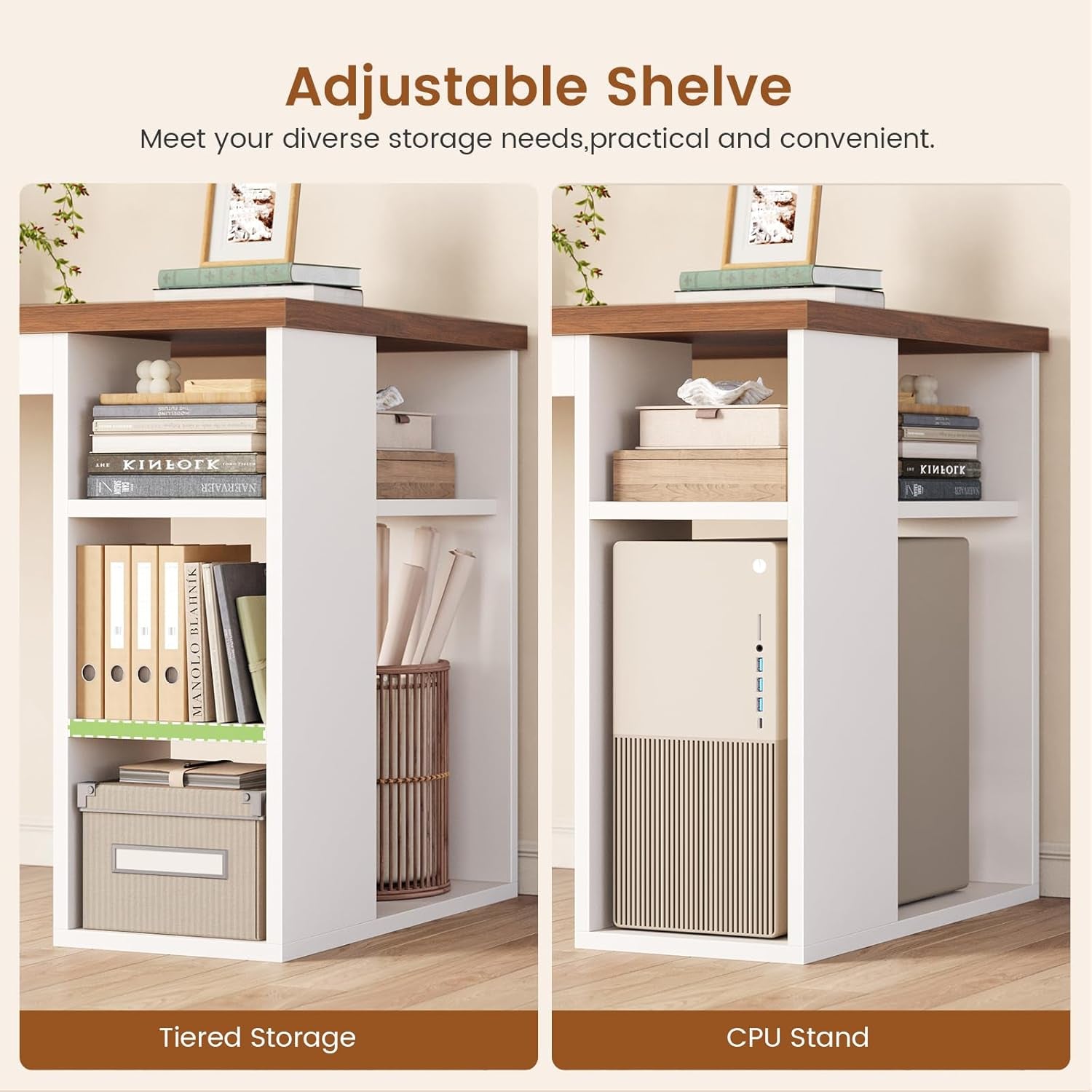 55.1" Farmhouse Office Desk with 3 Drawers, Executive Desk with File Drawer & Storage Shelves, Computer Desk with Power Outlet for Home Office, White and Brown