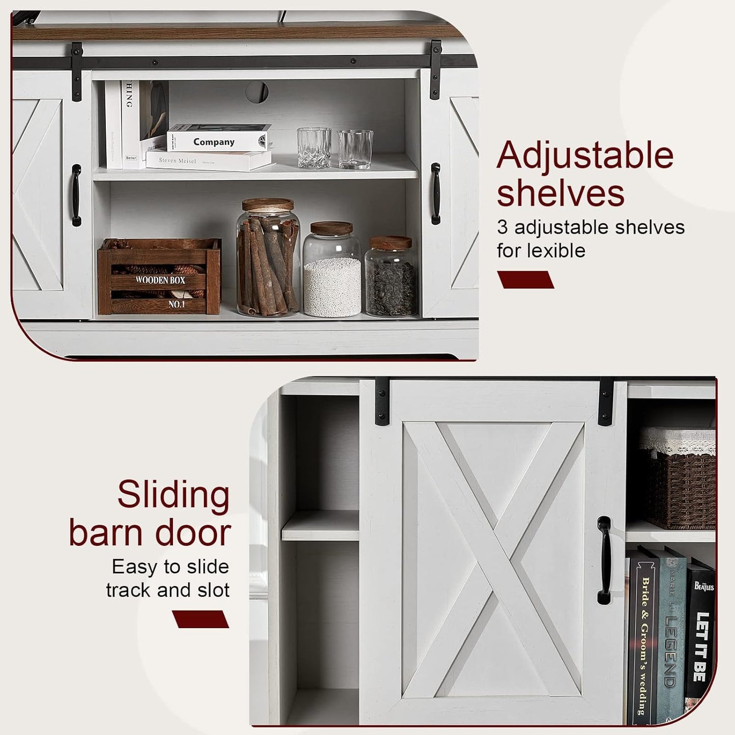 4-Piece Farmhouse Table Set Includes Sliding Barn Door TV Stand, Coffee Table& Two End Tables, Side Table with Charging Station and USB Ports, for Living Room, Distressed White, 66"