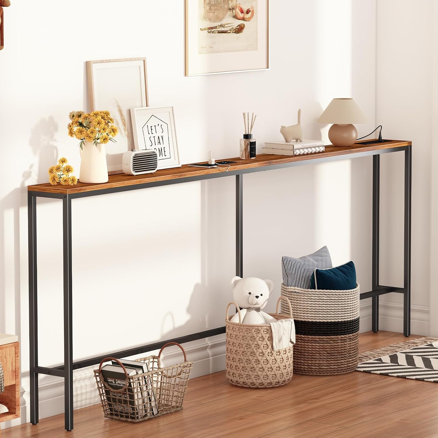 80.7'' Narrow Sofa Table with 2 Power Outlets (6 AC Outlets & 4 USB Ports), Thin Console Tables Narrow Long, behind Couch Table Skinny for Entryway, Living Room, Hallway, Foyer, Rustic Brown