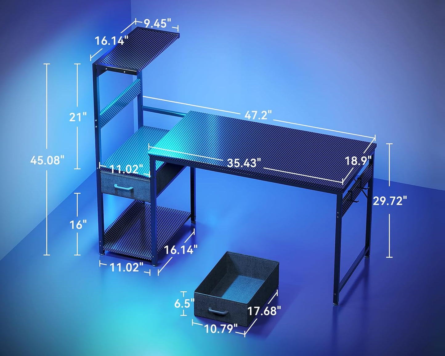 48 Inch Gaming Desk with Storage & LED Lights, Reversible Computer Desk with Display Shelves & Fabric Drawer, Modern Gamer Desk Table with Side Headphone Hook, Carbon Fiber Black