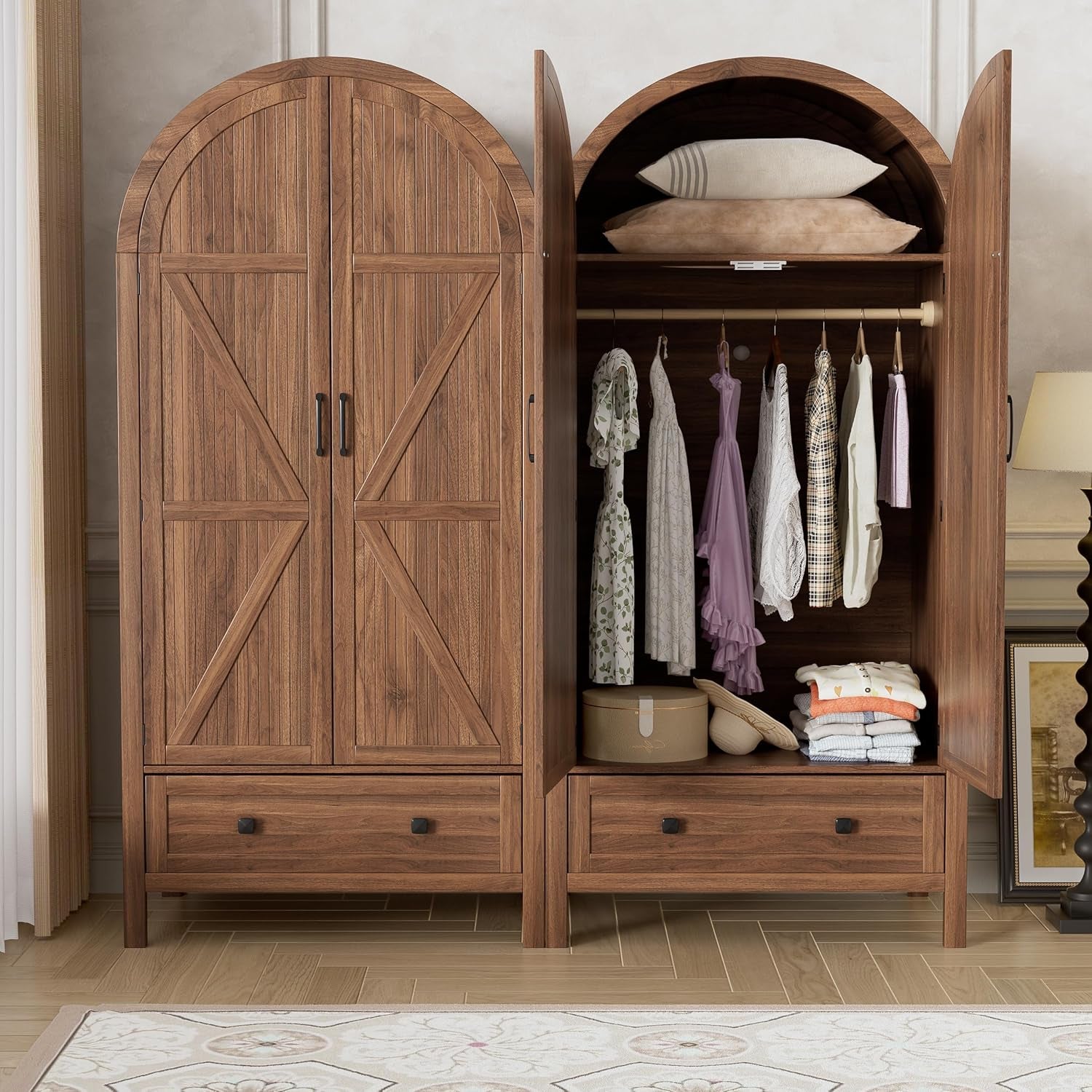 Armoire Wardrobe Closet with Drawers and 2 Arched Fluted Doors, 70.9‘’ Tall Wooden Bedroom Armoires with LED Light & Shelves and Hanging Rod(Brown)