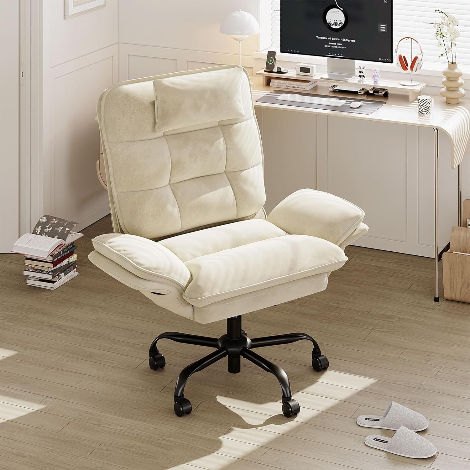 Criss Cross Chair with Flip Armrests, Big and Tall Office Chair for Cross Legged Sitting, Reclining Computer Chair with Side Pockets & Headrest - Beige
