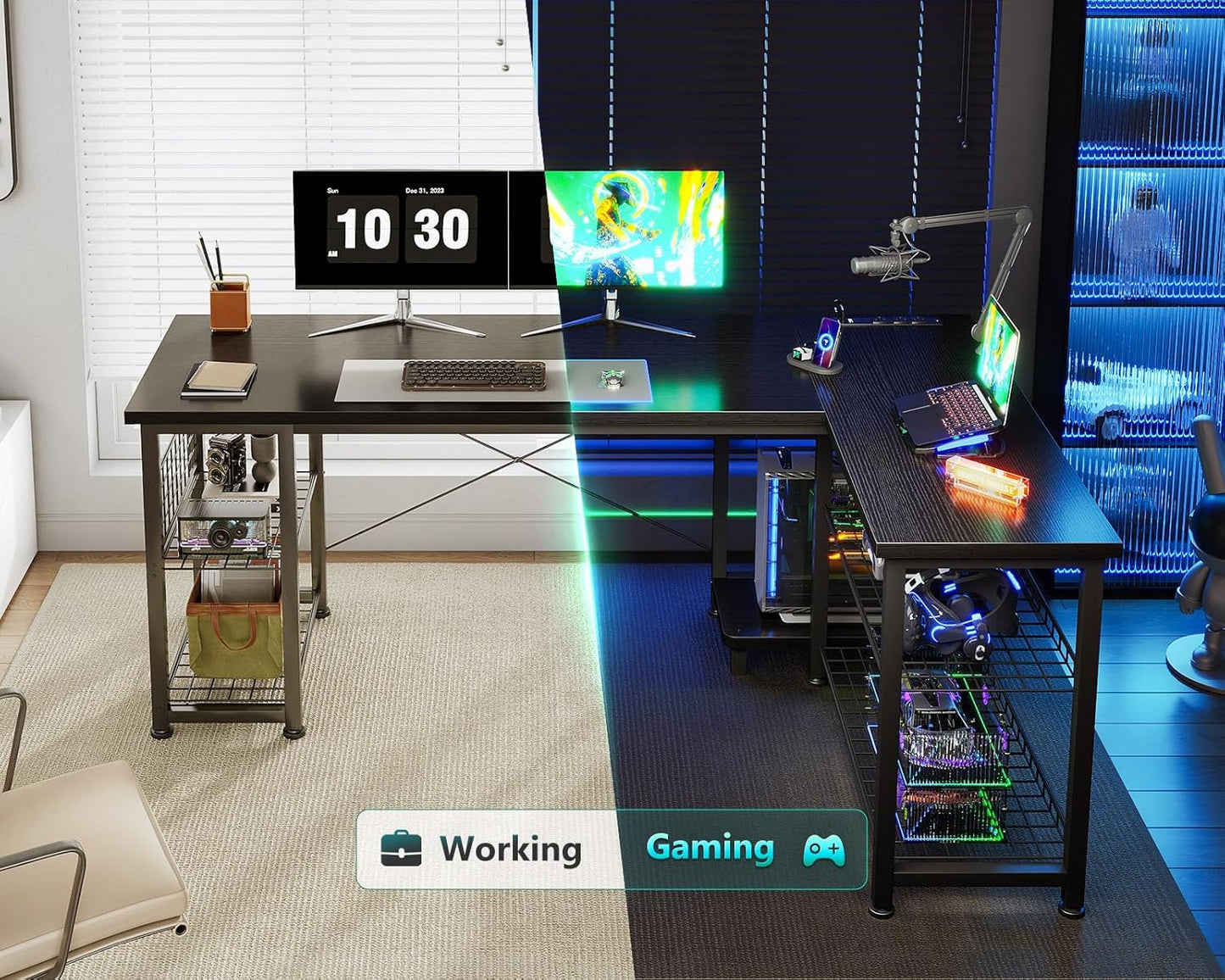 51 Inch L Shaped Gaming Desk with Shelves & Power Outlets, Reversible Computer Desk with Storage Shelves for Home Office, Black