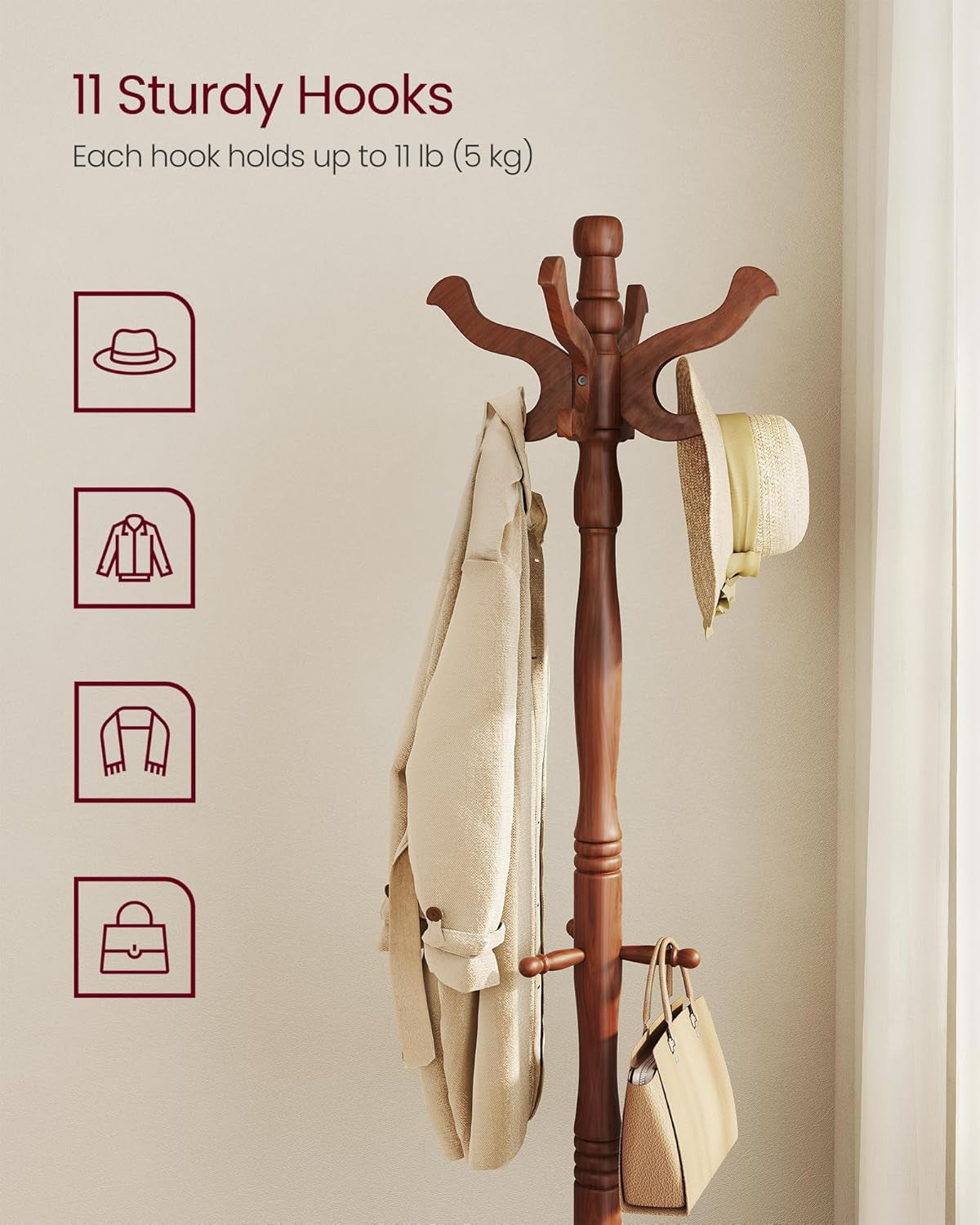Coat Stand, Solid Wood Freestanding Coat Rack with 11 Hooks, Hall Tree for Bags, Purses, Hats, for Entryway, Hallway, Rubberwood, Ink Black URCR005B01