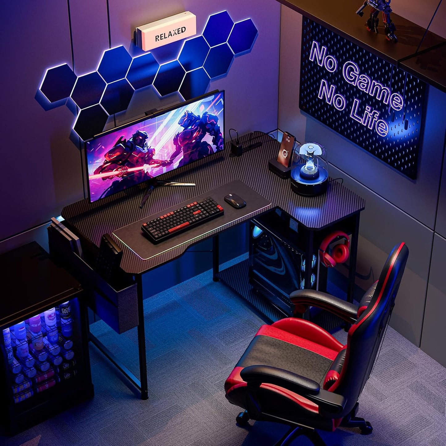 Small Gaming Desk with Power Outlets, 40 Inch L Shaped Desks with Reversible Shelves and Storage Bag,Computer Desk Corner Desk PC Desk for Gaming and Home Office Table,Black Carbon