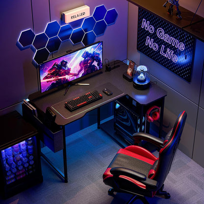 Small Gaming Desk with Power Outlets, 40 Inch L Shaped Desks with Reversible Shelves and Storage Bag,Computer Desk Corner Desk PC Desk for Gaming and Home Office Table,Black Carbon