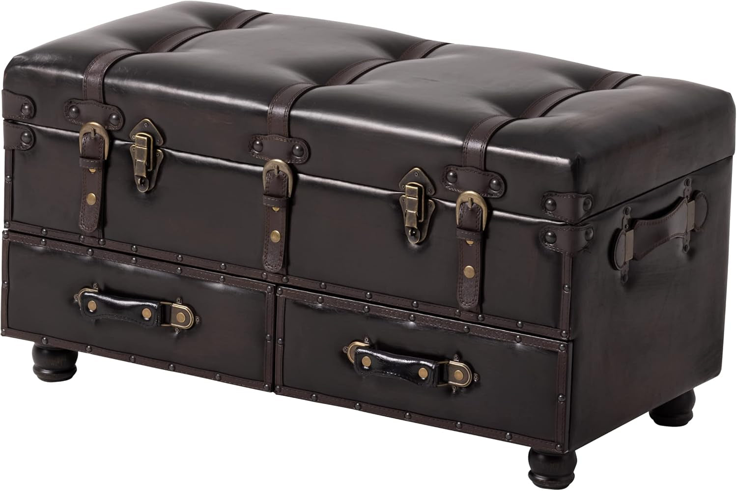 Vintage Treasure Chest Bench with Latch Closure and Buckle Trunk, Farmhouse Faux Leather Storage Ottoman Bench for Living Room, Entryway, Bedroom, Sponge Padded ，Black Brown