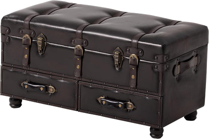 Vintage Treasure Chest Bench with Latch Closure and Buckle Trunk, Farmhouse Faux Leather Storage Ottoman Bench for Living Room, Entryway, Bedroom, Sponge Padded ，Black Brown