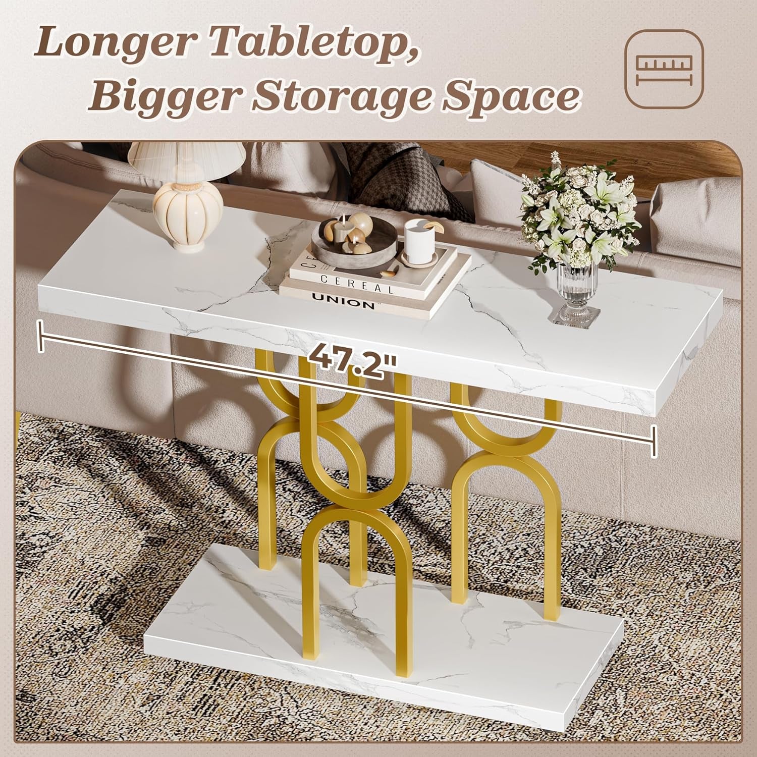 47.2 Inch Entryway Table with Marble Top, Modern Console Sofa Table, Accent Table, for Entry, Hallway, Entrance, Foyer, U-Shaped Metal Base, White Marble & Gold