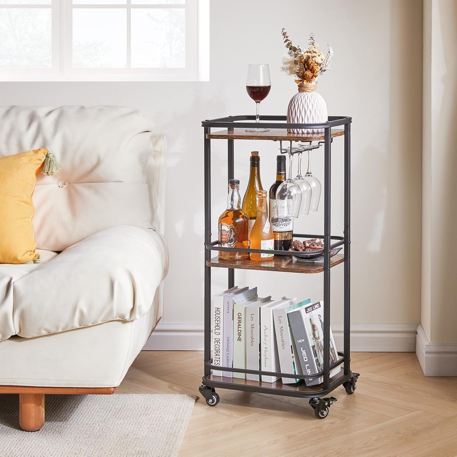 3-Tier Home Bar Serving Cart,Kitchen Storage Carts with Wheels,11.79X15.72X33.01 Inches,Rolling Mini Bar Cart for Home, Outdoor, Kitchen, Bedroom TMJ319H