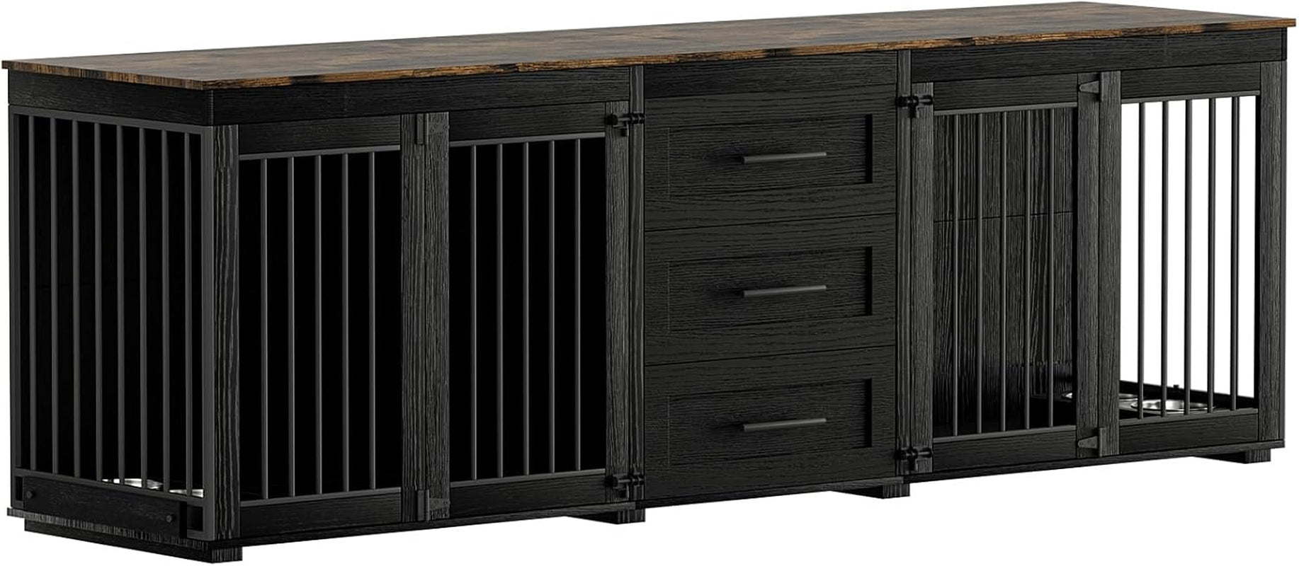 94.5" Large Dog Crate Furniture for 2 Dogs, Double Wooden Dog Kennel Furniture with 4 Dog Bowls & 3 Drawers, Heavy Duty Indoor Furniture Style Dog Cage TV Stand/Table/House, Black