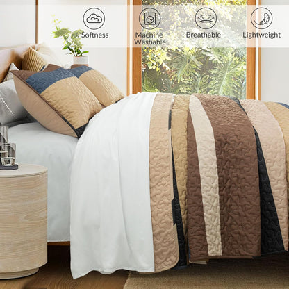 King Size Quilt Set - Reversible Camel Quilt King Size with 2 Pillow Shams, Lightweight Boho Striped Oversized Bedspreads Coverlet Bedding Set for All Seasons