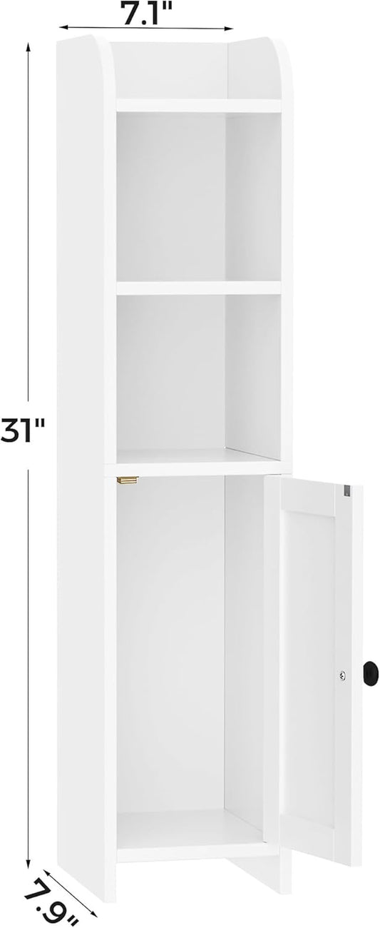 Small Bathroom Storage Corner Floor Cabinet with Door and Shelves, beside the Toilet Paper Stand for Skinny, Narrow Toilet Paper Cabinet, 7.9" D X 7.1" W X 31" H, White