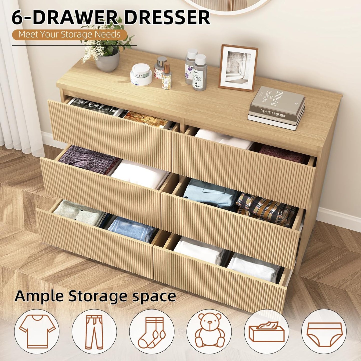 Fluted Dresser for Bedroom,48'' Modern 6 Drawer Dresser with Deep Drawer,Wide Storage Chest of Drawer,Wood Bedroom Storage Organizer Furniture for Living Room,Hallway,Closet