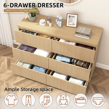 Fluted Dresser for Bedroom,48'' Modern 6 Drawer Dresser with Deep Drawer,Wide Storage Chest of Drawer,Wood Bedroom Storage Organizer Furniture for Living Room,Hallway,Closet