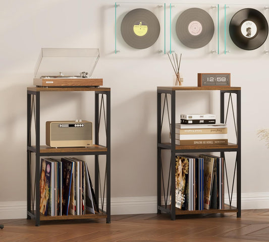 3-Tier Vinyl Record Stand with Storage, Album Display Table for Bedroom, Living Room, Rustic Brown