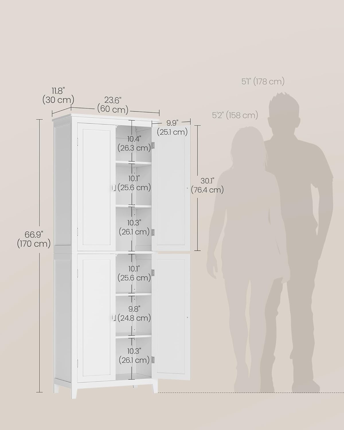 Tall Corner Cabinet, Bathroom Storage Cabinet with 2 Doors and 4 Adjustable Shelves, for Bathroom, Kitchen, Living Room, Modern Farmhouse Design, White UBBC541P31